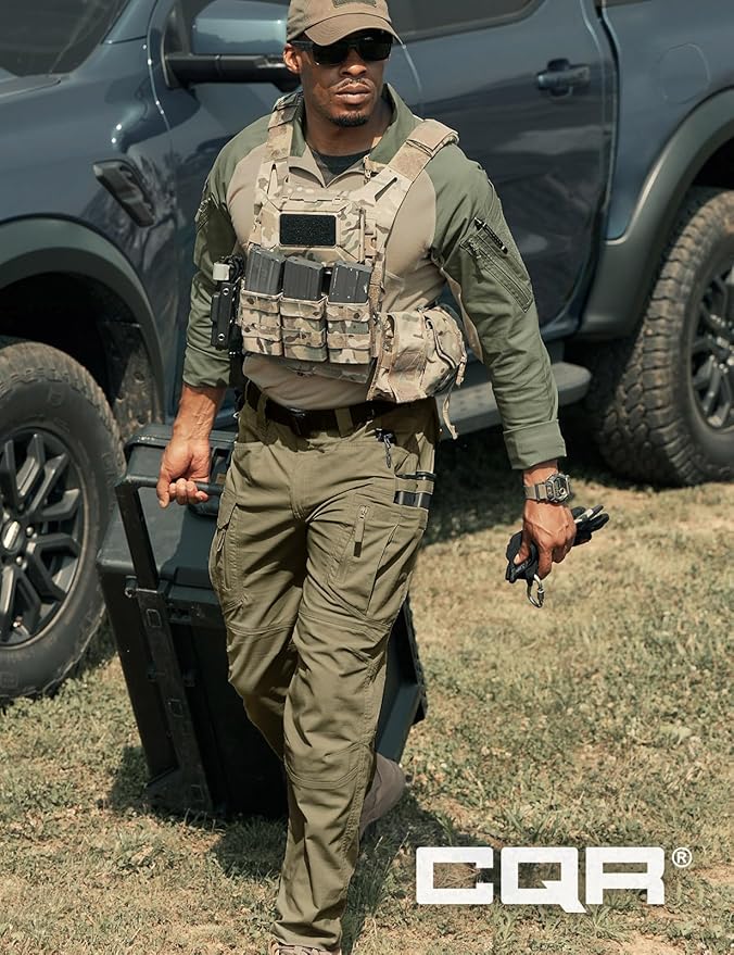 CQR Men's Flex Stretch Tactical Pants, Water Resistant Ripstop Cargo Pants, Lightweight EDC Outdoor Work Hiking Pants