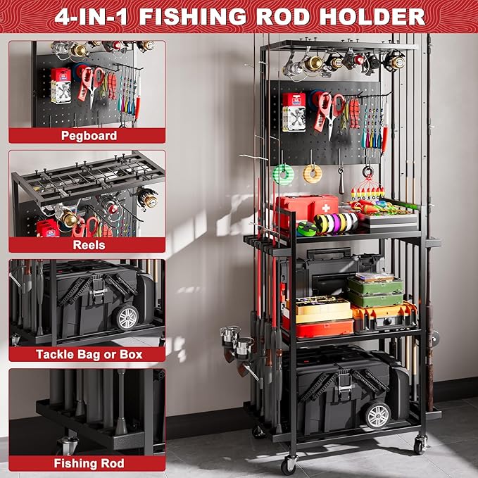 Fishing Rod Holders for Garage, Fishing Rod Storage Rack with Hooks & Wheels, Fishing Pole Holder Organizer, Tackle Box & Reel Storage Black