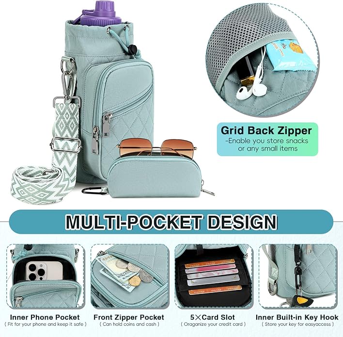 Water Bottle Carrier Bag with Strap, Water Bottle Holder Crossbody Bags for Women Men for Walking, Hiking,Cycling