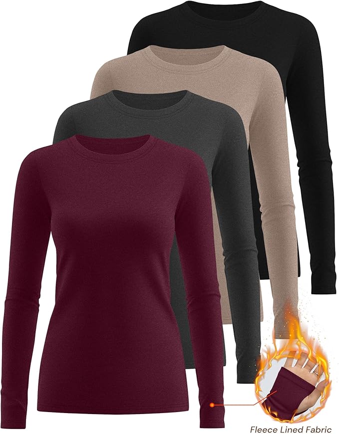 Neer 4 Pack Women's Fleece Thermal Long Sleeve Shirts, Thumb Holes Crew Neck Slim Fit Tops Warm Workout Basic Undershirt