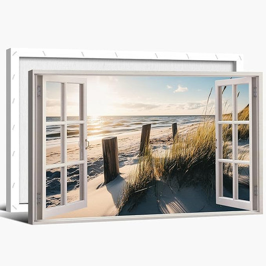 ANRUOXI Beach Window Canvas Wall Art, Relaxing Bedroom Living Room Ocean Coastal Sunset Scene Picture, Tropical Sea Landscape Painting Print Artwork Horizontal Seascape Artwork for Bedroom 32x48 Inch