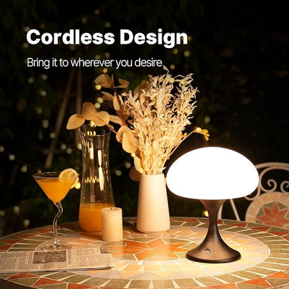 Mushroom Lamp, 5W LED Cordless Rechargeable Table Lamp with Glass Shade, Small Retro Dimmable Touch Light with 3 Color Temps, Aesthetic Mid Century Bedside Light for Bedroom Ambient, Black