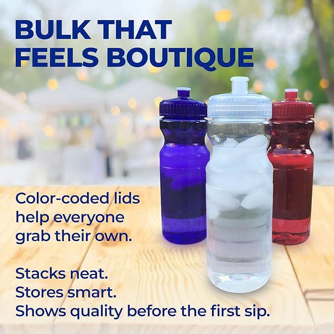 Rolling Sands USA Made 24 Ounce Sports Water Bottles - 100 Pack BPA-Free Blank Plastic Bottles for Group Use, Fitness Classes & Events - Translucent Clear Bottle/Orange Lid