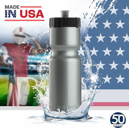 50 Strong Sports Water Bottles – Reusable 22 oz BPA-Free Plastic Bottles with Pull Top Cap – Made in USA – Top Rack Dishwasher Safe – Fits Most Bike Cages Brand