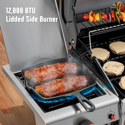 4+1 Burner Gas Grill, All Stainless Steel Outdoor BBQ Grill with Enameled Coated Chamber Body, 48,000 BTU Garden Barbecue Grill with Porcelain-Enameled Cast lron Grates, Grill Cover Included