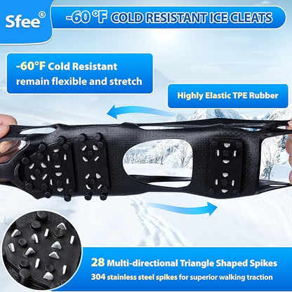 Sfee Crampons Ice Cleats for Shoes and Boots, 28 Steel Shoe Spikes Ultra-Grip Ice Cleats for Men Women Non-Slip Snow Traction Ice Grippers for Shoes and Boots for Walking, Hiking, Climbing, Fishing
