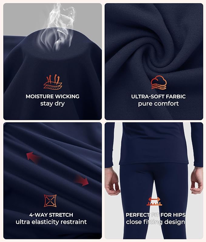 BAMBOO COOL Men's Thermal Underwear with Soft Fleece Lined Base Layer Cold Weather Top Bottom Gift Set