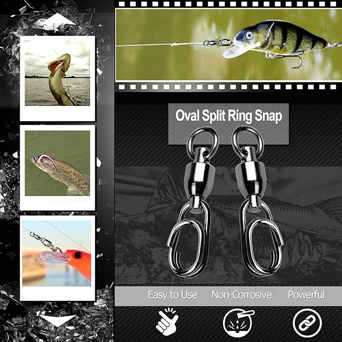 Atibin High Strength Snap Swivels Saltwater Ball Bearing Fishing Swivels Freshwater Stainless Steel Split Rings Fishing Black Nickel 30lbs-156lbs