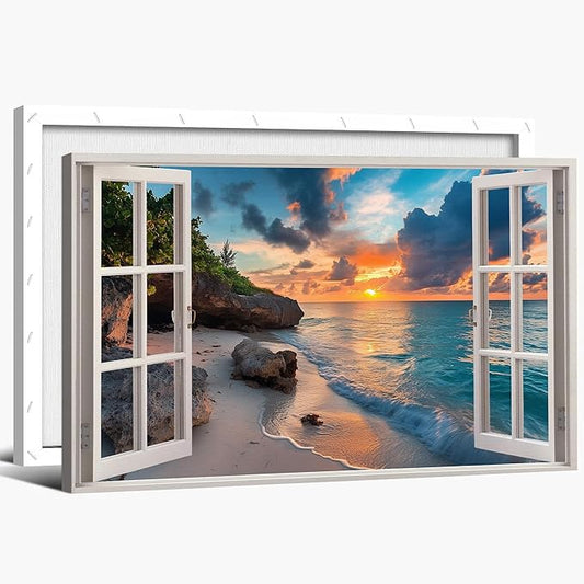 ANRUOXI Beach Window Canvas Wall Art, Enclosed Bedroom Living Room Ocean Coastal Channel Scene Picture, Tropical Sea Landscape Painting Print Artwork Horizontal Seascape Artwork for Bedroom 18x24 Inch