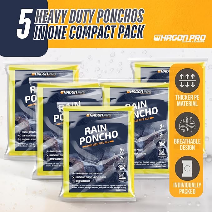 Hagon PRO Disposable Rain Ponchos for Adults (5 Pack)