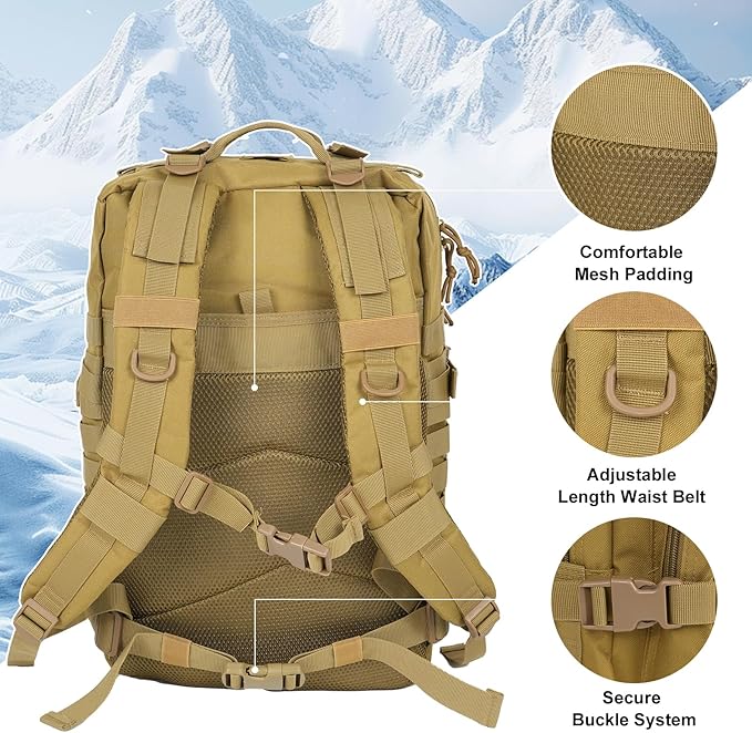 50L Large Military Tactical Backpack Molle Army Assault Pack for Travel Camping Hiking Fishing Backpack for men (khaki)
