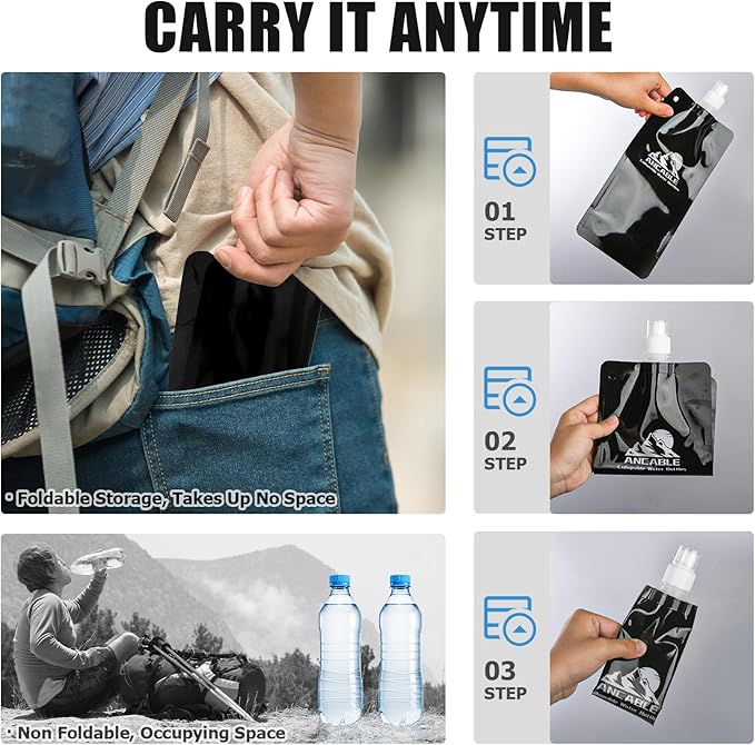 17oz Collapsible Water Bottles, 3-Pack Reusable Travel Foldable Water Bottles for Hiking Camping Running Bike, BPA-Free Water Bottle