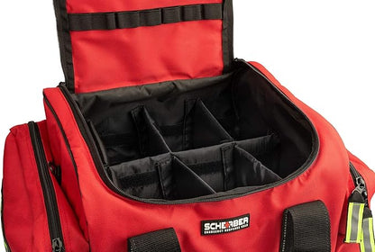 Scherber First Responder Fully-Stocked Large Professional Essentials EMT/EMS Trauma Kit | HSA/FSA Approved | Reflective Bag w/8 Zippered Pockets & Compartments & 250+ First Aid Supplies (Red)