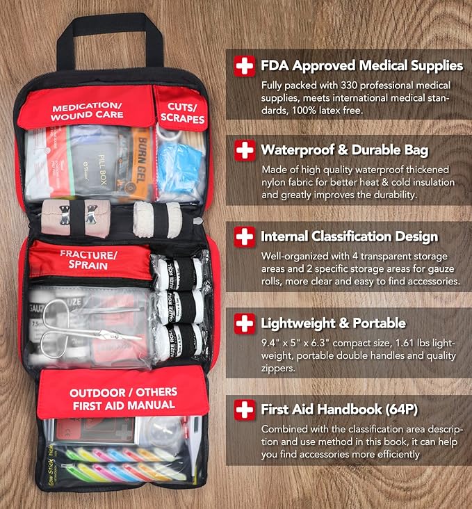 330 Piece First Aid Kit, Premium Waterproof Compact Trauma Medical Kits for Any Emergencies, Ideal for Home, Office, Car, Travel, Outdoor, Camping, Hiking, Boating (Red)