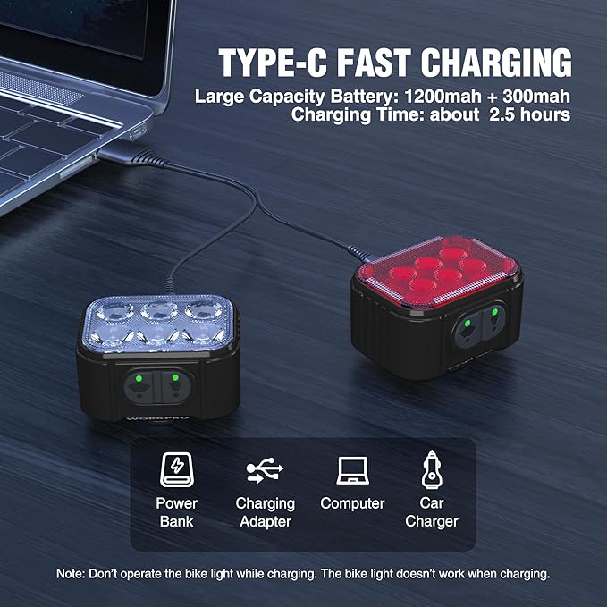 WORKPRO Bike Lights Set [8+13 Modes], Rechargeable Bicycle Light Set Ultra Bright, IP65 Waterproof Bike Lights for Night Riding, 1200mAh Bike Headlight and Tail Light Reflectors