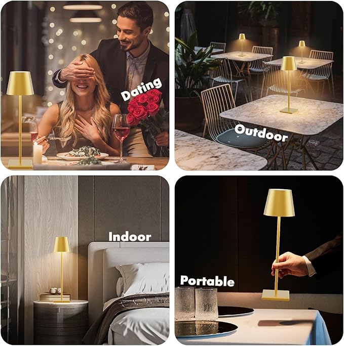 2-Pack LED Cordless Table Lamp with RGB & Stepless Dimming, 3W 5500mAh Rechargeable Desk Lamps Battery Operated Table Light Stepless Dimmable Portable Table Lamp for Table/Bedroom/Outdoor (Gold)