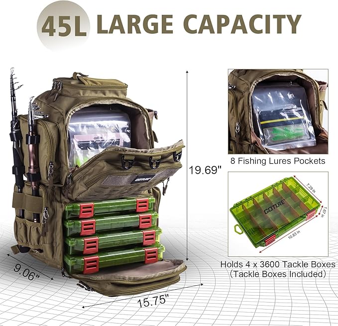 Goture Fishing Backpack with 4 Tackle Boxes,45L 600D Tackle Backpack with Rod Holders,8 Lure Pockets,Rain Cover,Large Fishing Bag Saltwater Gear Storage Bag for Camping Hiking