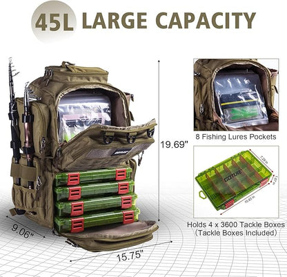 Goture Fishing Backpack with 4 Tackle Boxes,45L 600D Tackle Backpack with Rod Holders,8 Lure Pockets,Rain Cover,Large Fishing Bag Saltwater Gear Storage Bag for Camping Hiking