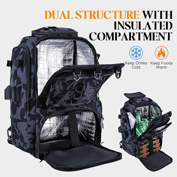 Goture 40L Fishing Tackle Backpack with Cooler and 2 3600 fishing tackle trays, 900D Water-Resistant Tackle Backpack with Removable Bait Binder, 2 Rod Holders and Rain Cover, Camouflage fishing bag