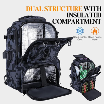 Goture 40L Fishing Tackle Backpack with Cooler and 2 3600 fishing tackle trays, 900D Water-Resistant Tackle Backpack with Removable Bait Binder, 2 Rod Holders and Rain Cover, Camouflage fishing bag