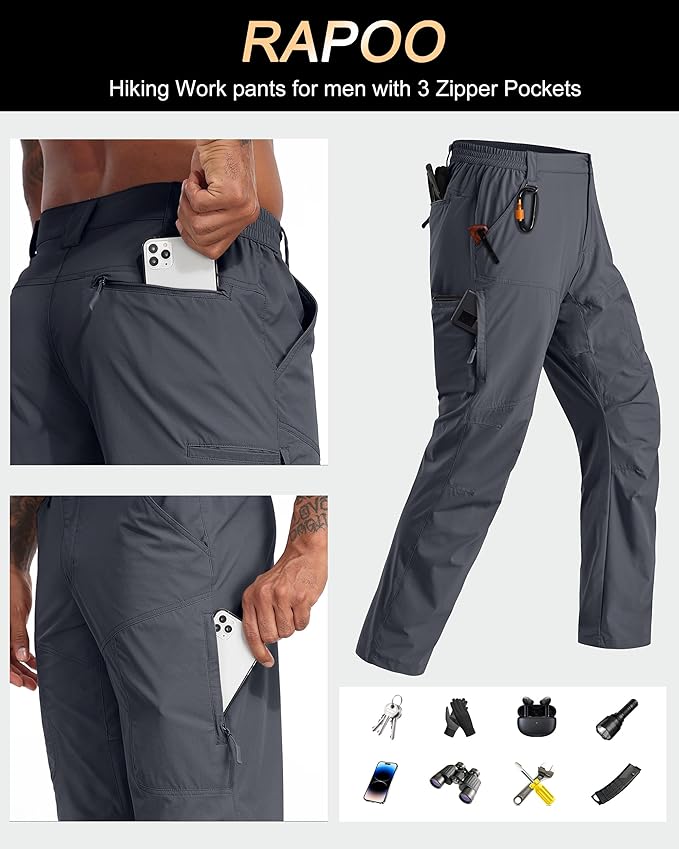 Rapoo Mens Hiking Pants Lightweight Water Resistant Breathable Nylon Cargo Pants with 6 Pockets