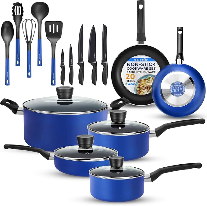 SereneLife 20-Piece Blue Cookware and Knives Set - Includes Multi-Sized Nonstick Pots and Pans with Lids and Utensils, Heat Resistant, Dishwasher Safe