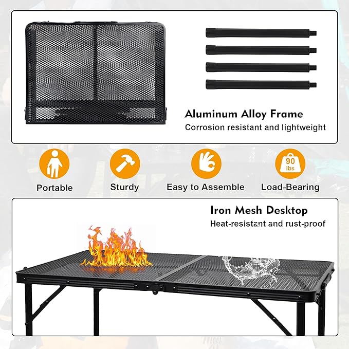 Camping Table with Mesh Desktop, Lightweight & Portable Folding Grill Table, Height Adjustable Metal Outdoor Table for Camp, Cooking, BBQ, RV, Picnic-3 FT Black