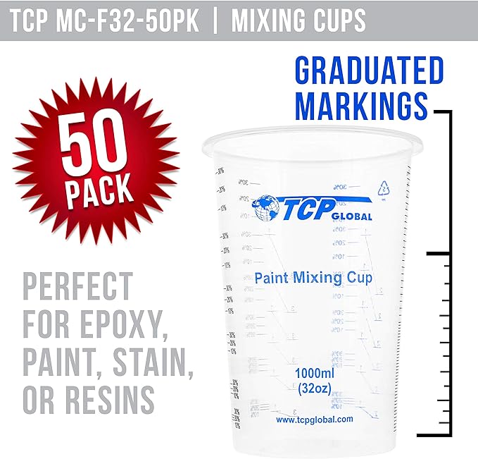 TCP Global 32 oz. (1000ml) Graduated Plastic Mixing Cups (Box of 50) - Disposable Plastic Measuring Cups for Liquids, Paints, Resin, Epoxy, Art, Kitchen - Ratios 2-1, 3-1, 4-1 ML