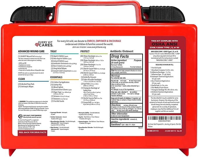 Be Smart Get Prepared OSHA/ANSI First Aid Kit - 50 Person, 250 Pieces - Designed for Home, Business, School, Industrial, and Restaurants - Compact & Portable