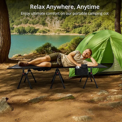 Ultralight Camping Cot with Storage Net & Bag, Height Adjustable Support up to 400lbs, Comfortable Portable Cots for Adult Folding Bed for Camping, Hiking, Travel, Truck, Beach, Office, Black