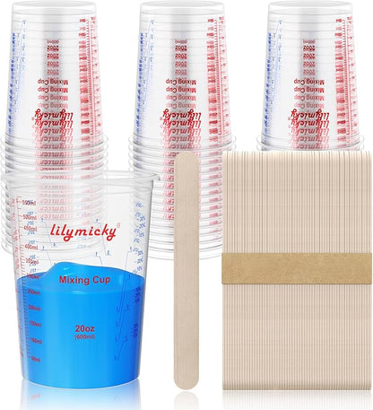 50 Pack Plastic Mixing Cups, 20 oz (600ml), Disposable Measuring Cups with 50 Wooden Mixing Sticks, Measurement ratios: 2:1, 3:1, 4:1, Suitable for Epoxy Resin, Liquid Measuring, and Paint