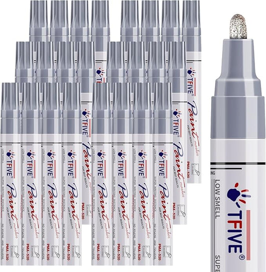 TFIVE Silver Paint Pens Permanent Markers - 24 Pcs Oil Based Paint Markers Set, Quick Dry, Waterproof, Fade Resistant, Medium Tip Marker Pens for Metal, Rock, Wood, Plastic, Canvas, Glass, Rubber