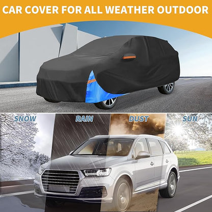 Waterproof All-Weather Universal Car Cover with Right Side Zipper, 210D-PU Black Blue Fits for SUV 190" to 200" Length