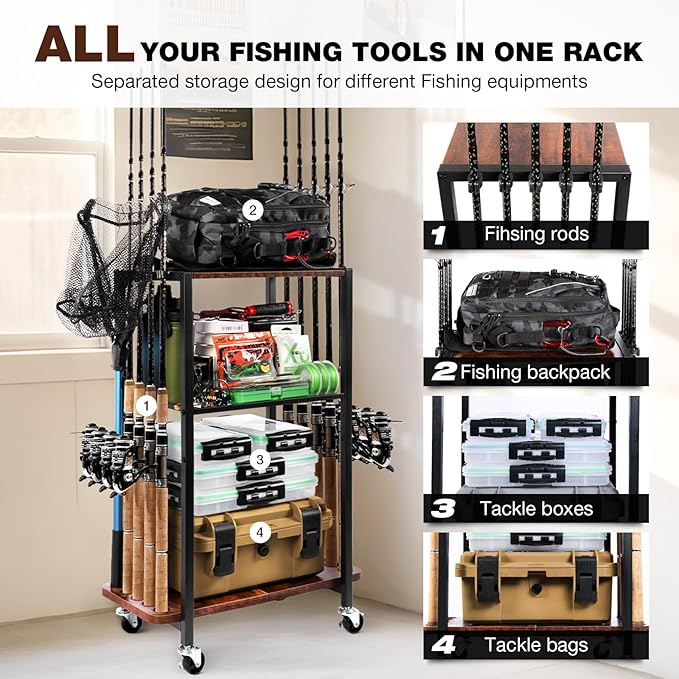 Ghosthorn Fishing Rod Holders for Garage Fishing Gear and Equipment Tackle Storage Cart Pole Rod Rack Hold up to 10 Rods
