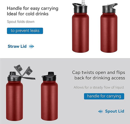 VEGOND 32 oz Insulated Water Bottle Bulk Stainless Steel Metal Water Bottles with Leak Proof Straw Lid & Spout Lid, Wide Mouth Double Walled Vacuum Travel Sports Bottle, Red 4 Pack
