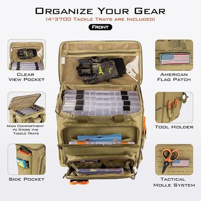 KastKing Karryall Fishing Tackle Bags with 4 * 3700 Tackle Trays, Fishing Bags for Saltwater or Freshwater Fishing - Fishing Gear Storage, Khaki
