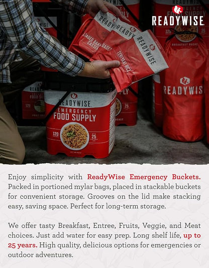 ReadyWise Emergency Food Supply - 88 Servings Meat & Rice Bucket, Freeze Dried Protein Meals, Camping Essentials, Bulk Rice & Survival Food, Disaster Prepping Supplies, up to 25 Year Shelf Life