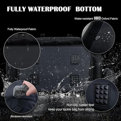 Goture Fishing Tackle Bag, Store Up to 4PCS 3700 Plus 2PCS 3600 Tackle Trays(Not Included), 600D Soft Side Gear Fishing Bag with Rod Straps,Detachable Water Bottle Pouch,Waterproof Bottom,SBS Zippers