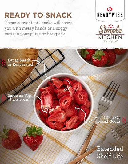 READYWISE - Simple Kitchen Freeze Dried Strawberries, 18 Servings, Vegan, Gluten Free, Healthy Snack, Survival Food, Dried Fruit, Strawberries