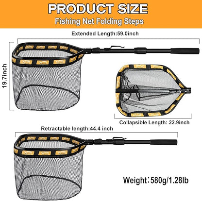 PLUSINNO Floating Fishing Net for Steelhead, Salmon, Fly, Kayak, Catfish, Bass, Trout Fishing, Rubber Coated Landing Net for Easy Catch & Release, Compact & Foldable for Easy Transportation & Storage