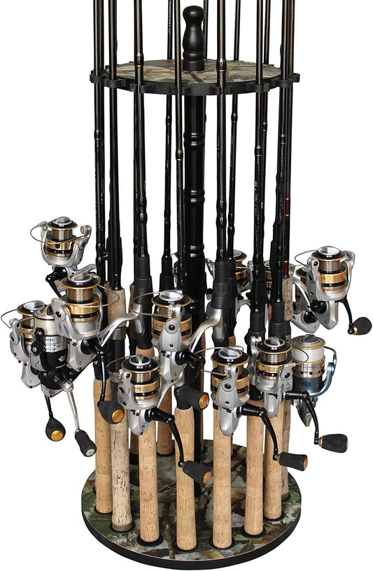 Rush Creek Creations 16-Rod Round Fishing Rod Holder for Garage, 360° Access Fishing Pole Holder for Fishing Rods, Reels, and Gear, Securely Holds 16 Rods, Camouflage