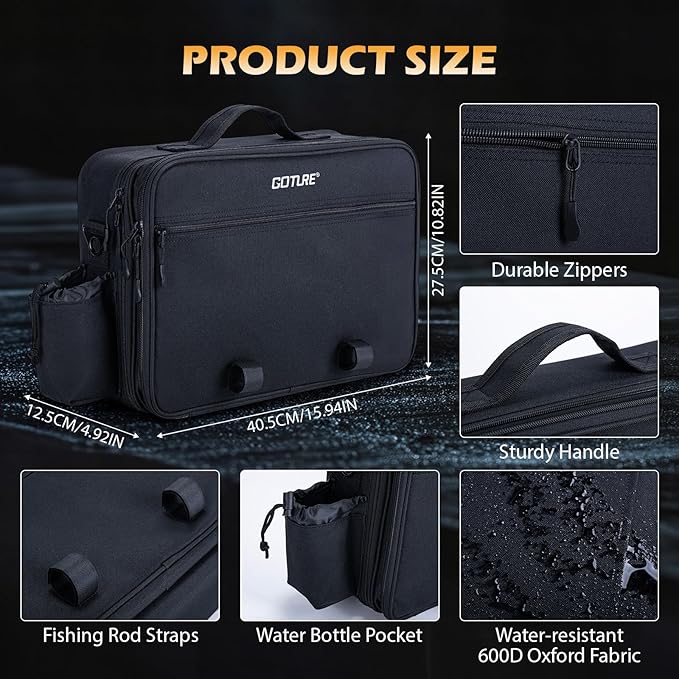 Goture Fishing Tackle Bag with Rod Straps & Removable Dividers, Water-Resistant 600D PVC, Water Bottle Pocket, 3-Layer Reel & Gear Storage Suitcase for Coarse, Black Fishing Bag
