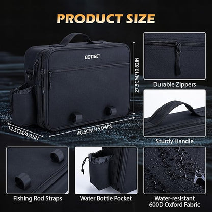Goture Fishing Tackle Bag with Rod Straps & Removable Dividers, Water-Resistant 600D PVC, Water Bottle Pocket, 3-Layer Reel & Gear Storage Suitcase for Coarse, Black Fishing Bag