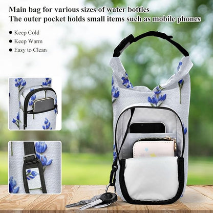 White Bluebonnets Water Bottle Holder with Strap Insulated Water Bottle Carrier Crossbody Bags Pouch with Phone Pocket for Travel Gym Hiking Walking Running
