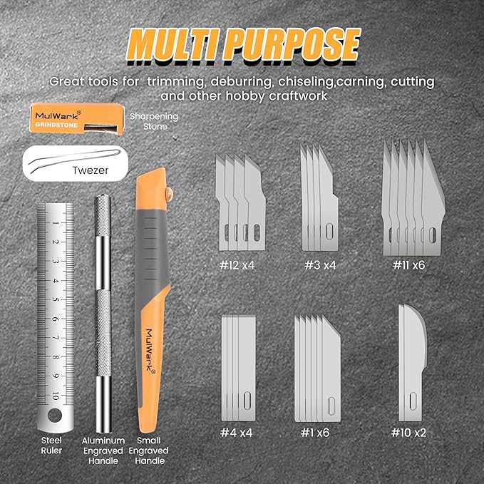 MulWark 32-Piece Precision Hobby Knife Set - Exacto Knife Set For Modeling - Craft Knife Handle Customized With Chiseling, Stencil Edge And Fine Point Blades With Sharpening Stone And Steel Ruler
