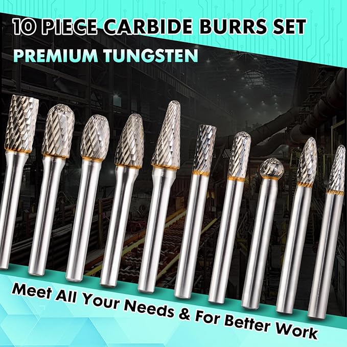 10 PCS 1/4" Shank Tungsten Carbide Burr Set Double Cut for Metal Grinding, Deburring Die Grinder Bits Fit Dewalt Milwaukee Die Grinders Accessories 1PC Mandrel & 5PC 3inch Cut Off Wheel