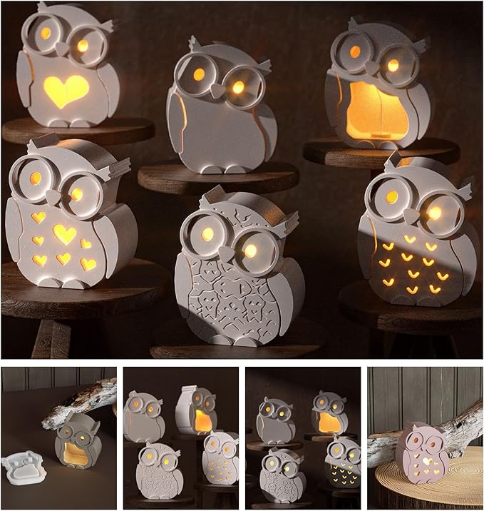7 Packs DIY Epoxy Resin Soft Silicone Molds, MUAECH Halloween Wisdom Owl Hollowed-Out Egg Lamp Mold, 6 Face Covers and 1 Base Box, Owls Wearing Glasses Candle Stand Moulds Handmade Art Crafts