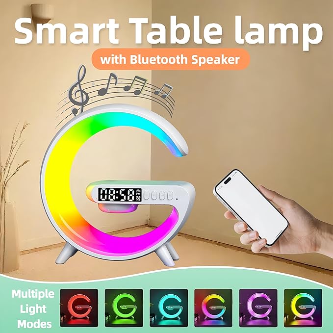 LED Table Lamp with Wireless Charger, G Shaped Night Light Lamp with Bluetooth Speaker, Sunrise Alarm Clock, Smart Mini Atmosphere Lamp for Bedroom, Office, Living Area (Black)