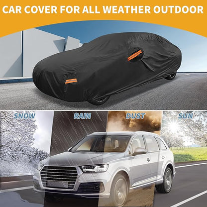 Waterproof All-Weather Universal Car Cover with Right Side Zipper, 210T-PU Black Fits for Sedan 165" to 177" Length