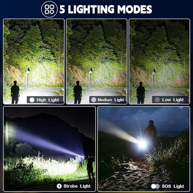 3Pack Rechargeable Flashlights High Lumens, 5Modes LED Flashlight Rechargeable, Super Bright Flashlight High Powered, Adjustable Tactical Flashlight, Powerful Flash Light for Home Emergencies